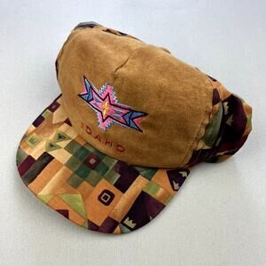 Vintage Idaho Hat Strapback Tan Suede Aztec Southwestern Pattern Art Ski 90s